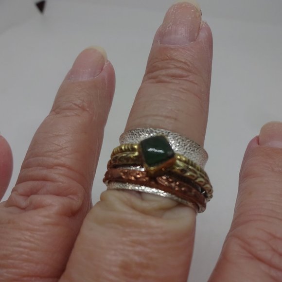 Whimsical "JADE" SPINNER RING in SILVER, GOLD & COPPER Handmade Size 10 #23A - Picture 3 of 3